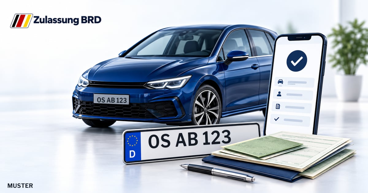 Online Fahrzeugzulassung in Quakenbrück: Musterkennzeichen OS AB 123, Auto und Fahrzeugpapiere und Smartphone. Illustration mit Logo von Zulassung BRD.